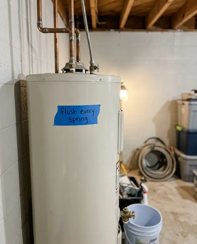 A water heater in a basement with painter's tape that says flush every spring