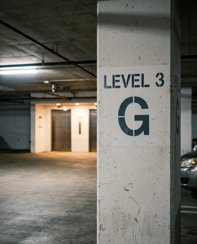 A parking garage column painted Level 3, row G