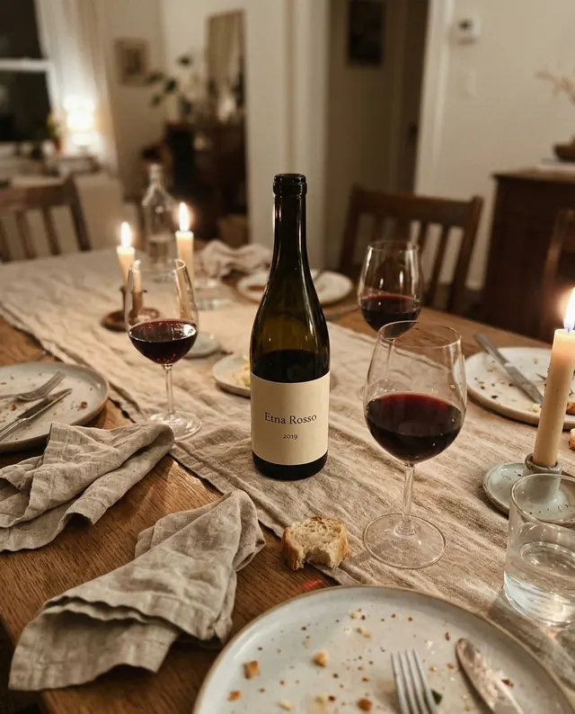 An open bottle of Etna Rosso and two glasses on a dinner table by candlelight