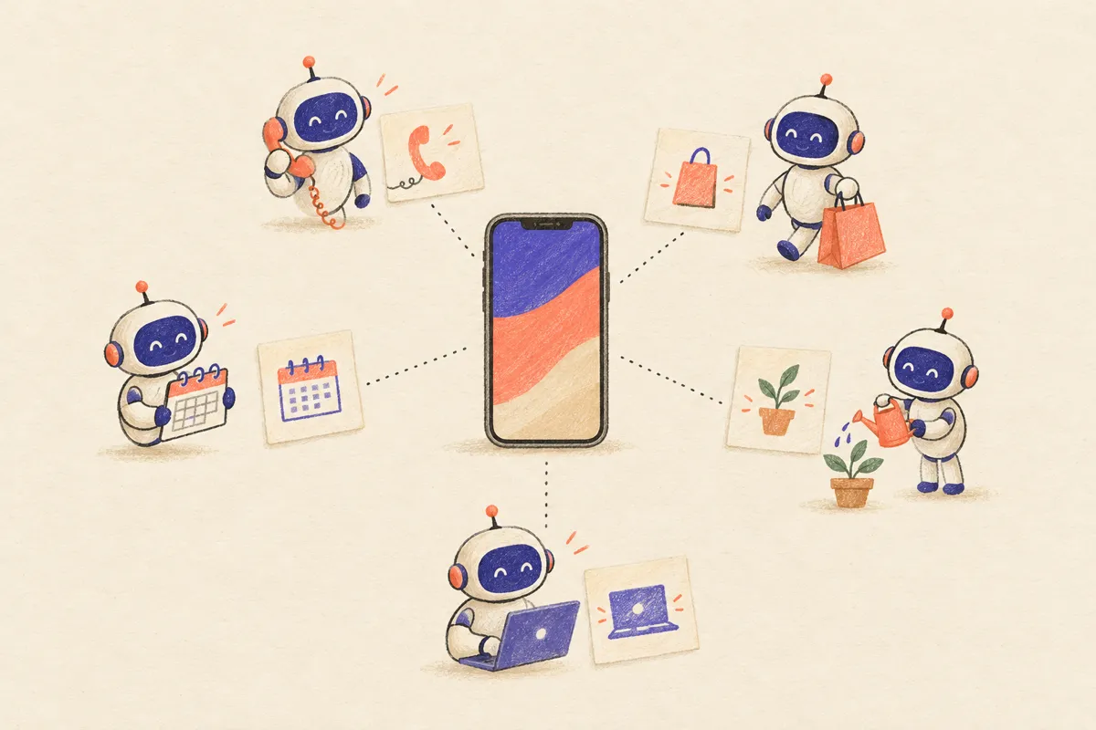 Small paper notes linked by lines to helper robots