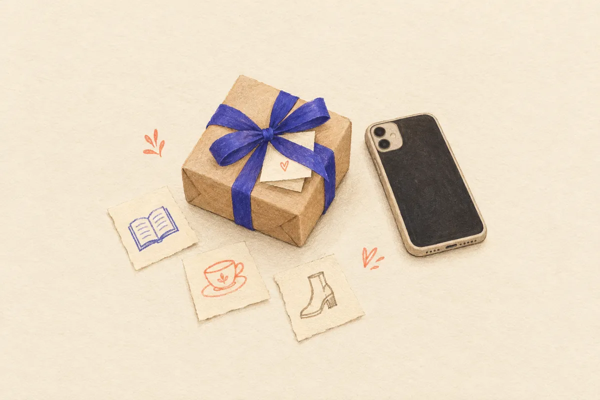 A wrapped gift with a handwritten note under its ribbon