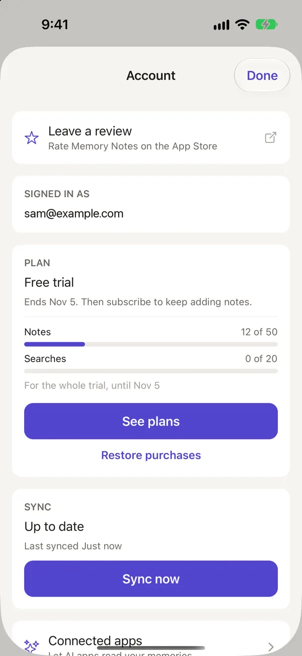 Account settings in Memory Notes