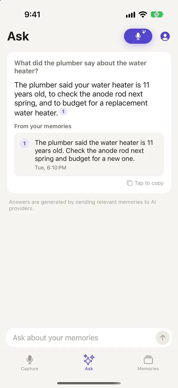 An answer in the Ask tab with a link to a memory
