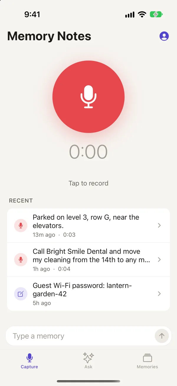 The Capture tab showing a record button and text box