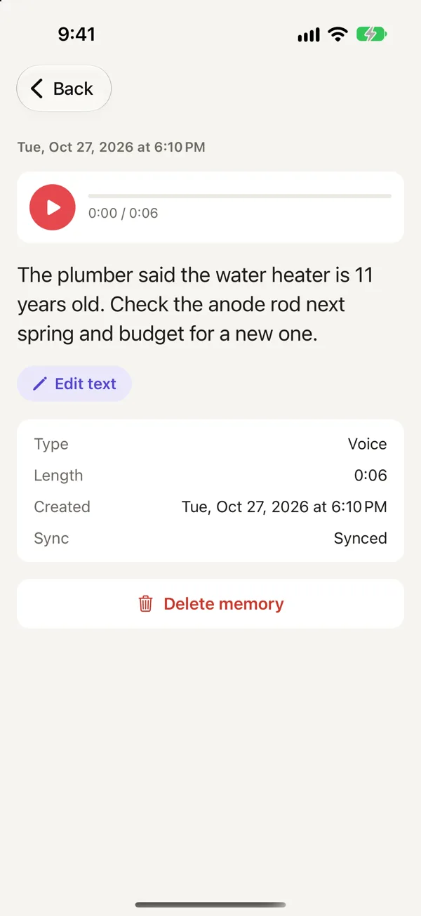 An open memory showing its text and recording