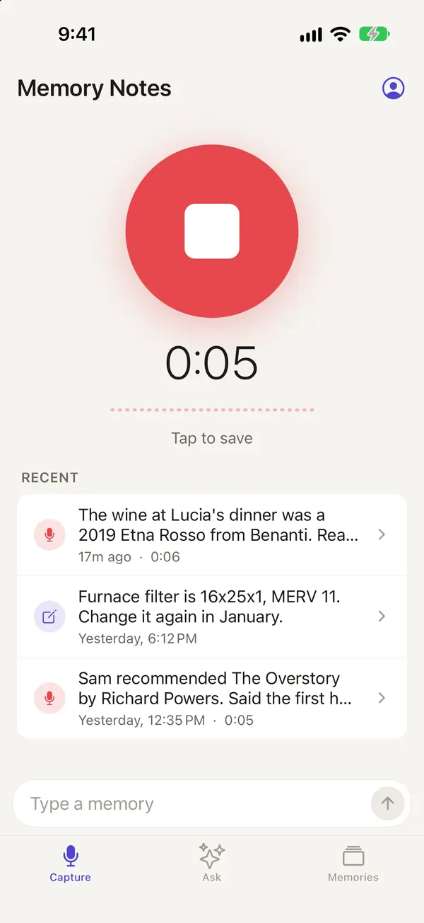 Memory Notes recording a voice note, 0:05 on the timer