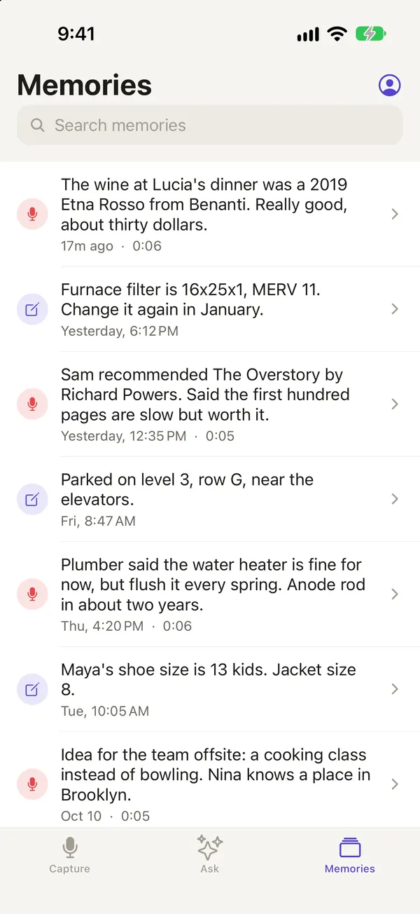 The Memories list: saved voice and typed notes, each with its date